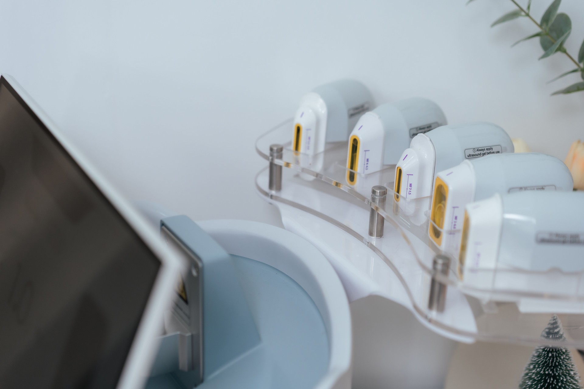 Professional High-intensity focused ultrasound equipment in modern dermatology clinic. for non-surgical facelift and skin rejuvenation treatment. Advanced dermatology equipment.